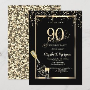 Invitation Séquins d'or, Bouteille de verre de vin 90e annive