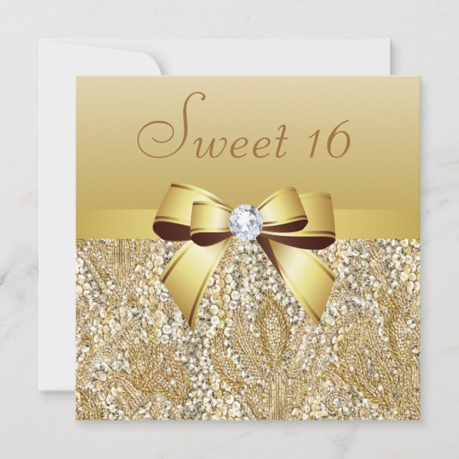 Invitation Séquins d'or, Bow & Diamond Sweet 16 (Devant)