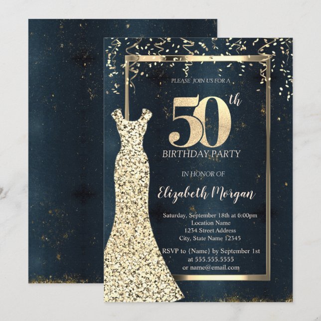 Invitation Séquins d'or cadre de robe, bleu foncé 50e anniver (Devant / Derrière)
