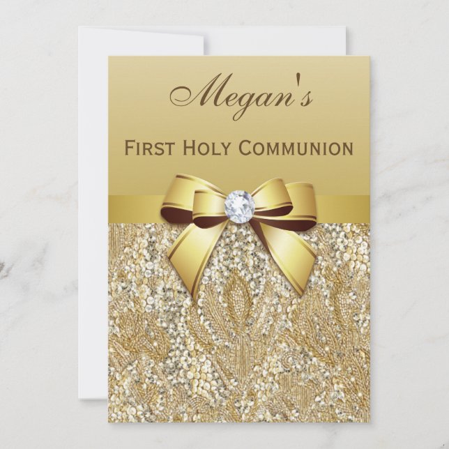Invitation Séquins d'or de la Première Communion, Bow Diamond (Devant)