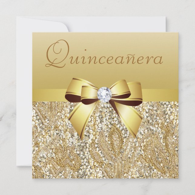 Invitation Séquins d'or, Quincennera de Bow & Diamond (Devant)