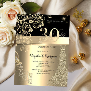 Invitation Séquins d'or Robe Fleurs de verre 30e anniversaire