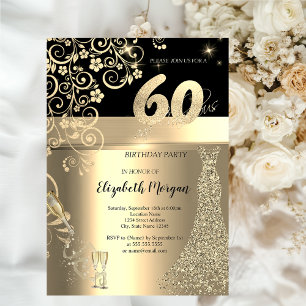 Invitation Séquins d'or Robe Fleurs de verre 60e anniversaire