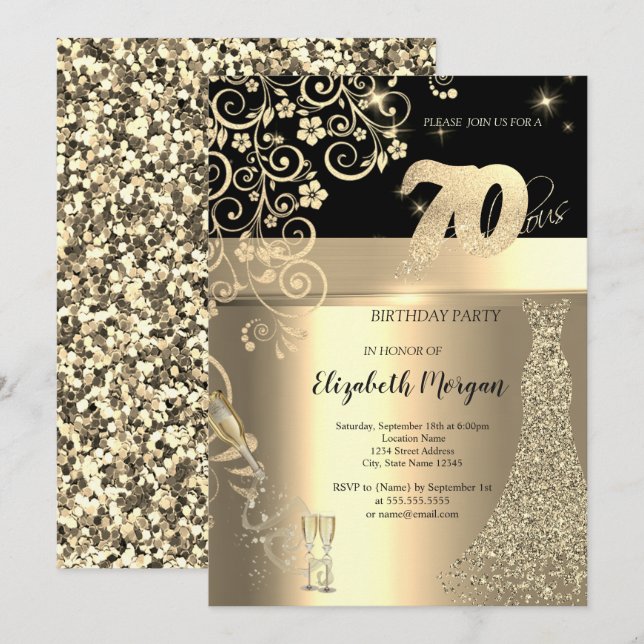 Invitation Séquins d'or Robe Fleurs de verre 70e anniversaire (Devant / Derrière)