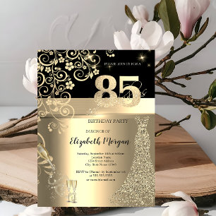 Invitation Séquins d'or Robe Fleurs de verre 85e anniversaire
