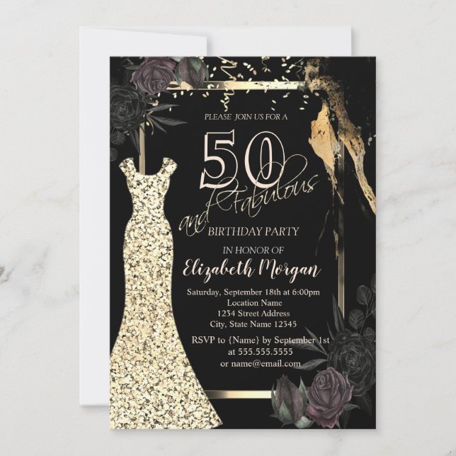Invitation Séquins d'or robe Rose foncé 50e anniversaire (Devant)