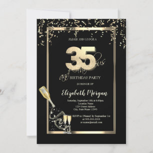 Invitation Sequins Dorés, Bouteille de Verre à Vin 35ème Anni