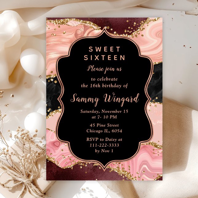 Invitation Séquins noirs et roses Agate Sweet sixteen (Créateur téléchargé)