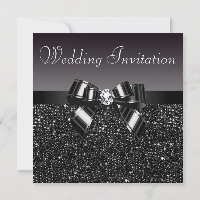 Invitation Séquins noirs imprimés, Mariage Bow & Diamond (Devant)