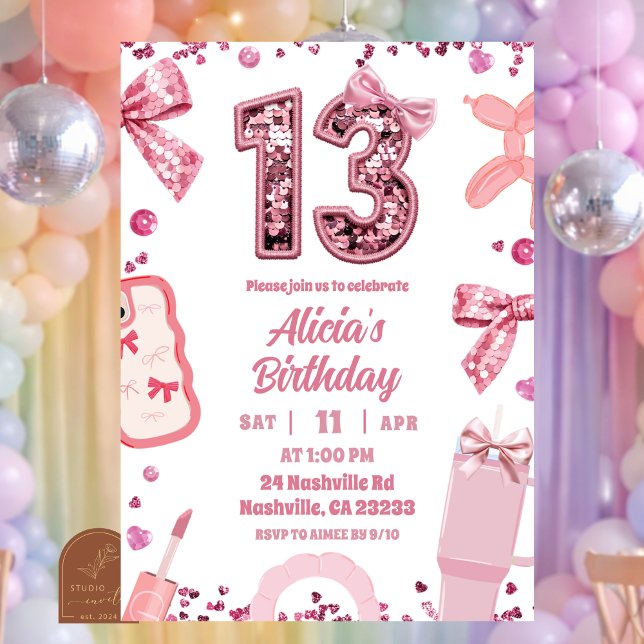 Invitation Sequins Pink Bow teenager Birthday (Créateur téléchargé)