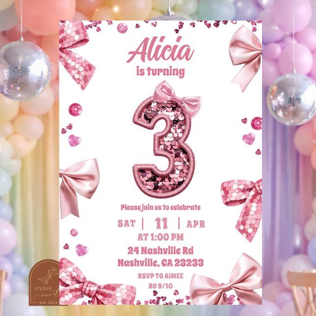 Invitation Sequins Pink Bow Three Girl Birthday (Créateur téléchargé)
