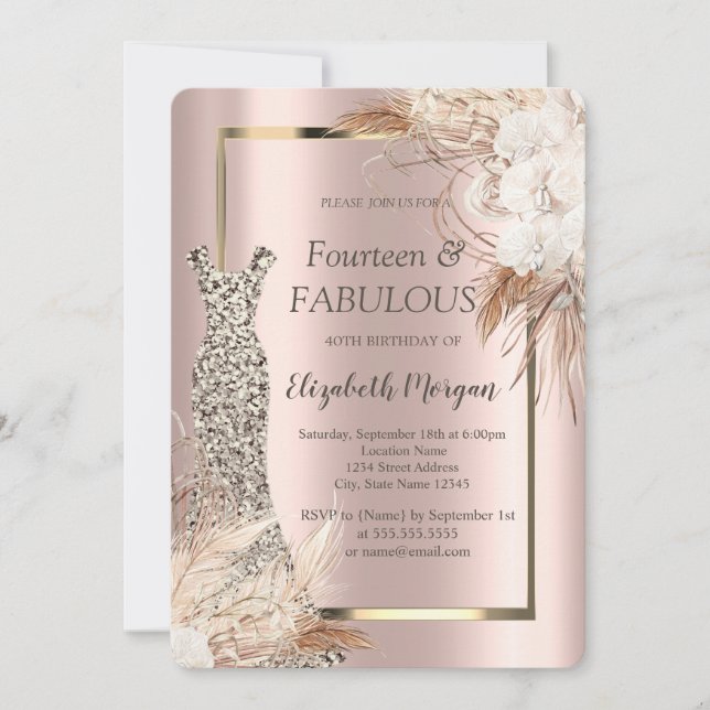 Invitation Sequins Robe Boho Fleurs 40e anniversaire (Devant)