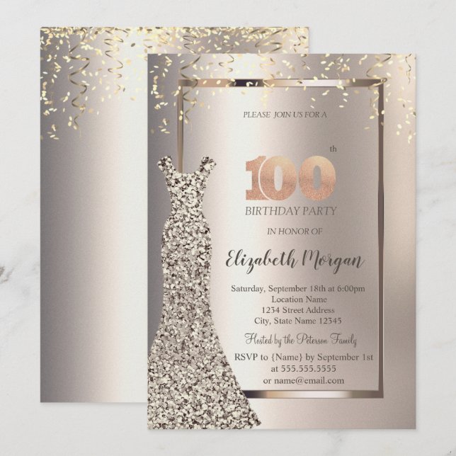 Invitation Sequins Robe Confetti Ivoire 100e anniversaire (Devant / Derrière)