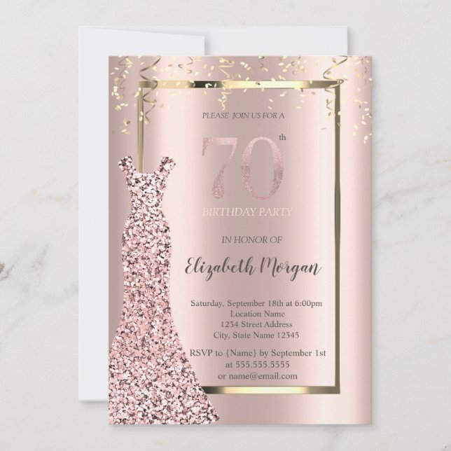 Invitation Sequins Robe Rose or 70e anniversaire (Devant)