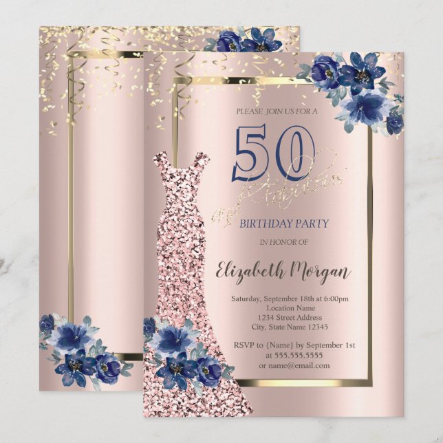 Invitation Séquins Robe Rose Or, Fleurs Bleues 50e (Devant / Derrière)