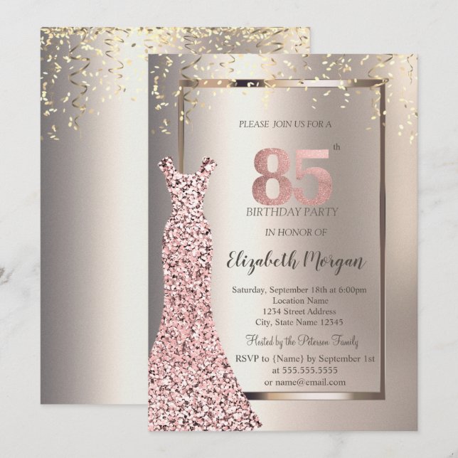 Invitation Séquins Rose Robe d'or ivoire 85e anniversaire (Devant / Derrière)