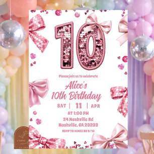 Invitation Sequins Rose Ruban Double Chiffres 10 Fille Annive