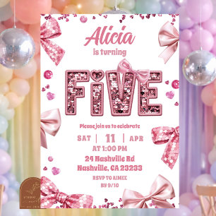 Invitation Sequins Rose Ruban FIVE Fille Anniversaire