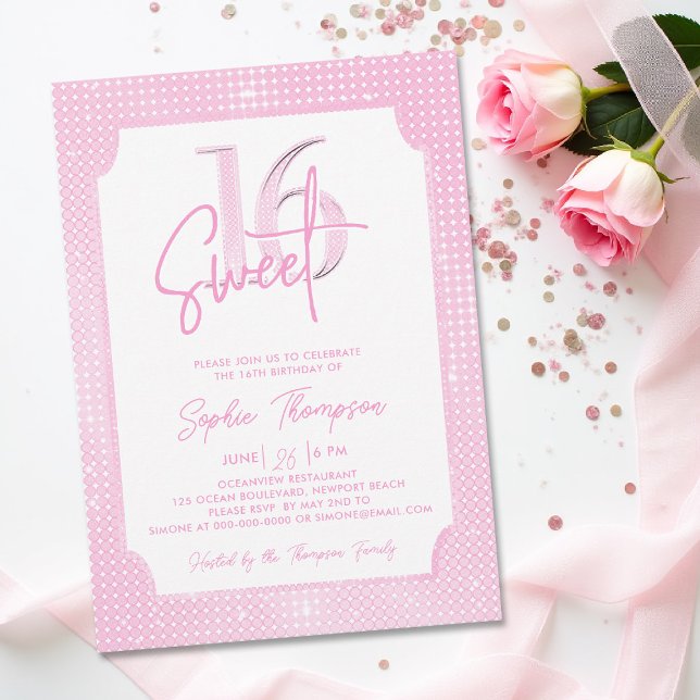 Invitation Séquins roses Élégant cadre Calligraphie Sweet 16 (sweet 16 invitation sixteen birthday party pink sequins glitter elegant calligraphy modern fashion)