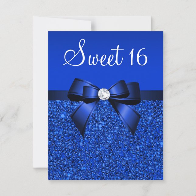 Invitation Séquins Royal Bleus, Bow & Diamond Sweet 16 imprim (Devant)