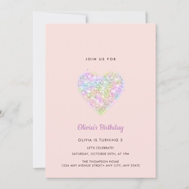 Invitation Séquins Sparkling Rainbow Heart Anniversaire (Devant)