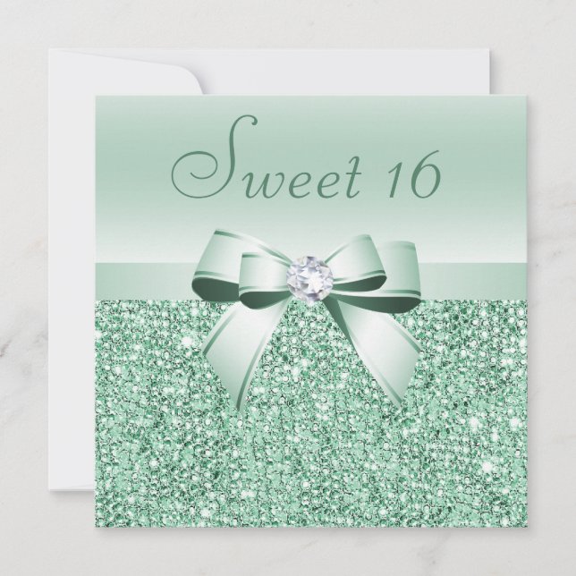 Invitation Séquins verts à la menthe, Bow & Diamond Sweet 16 (Devant)
