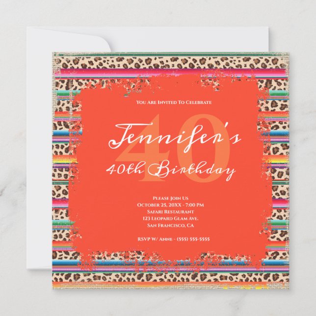 Invitation Serape Leopard Grunge Safari Orange 40e anniversai (Devant)