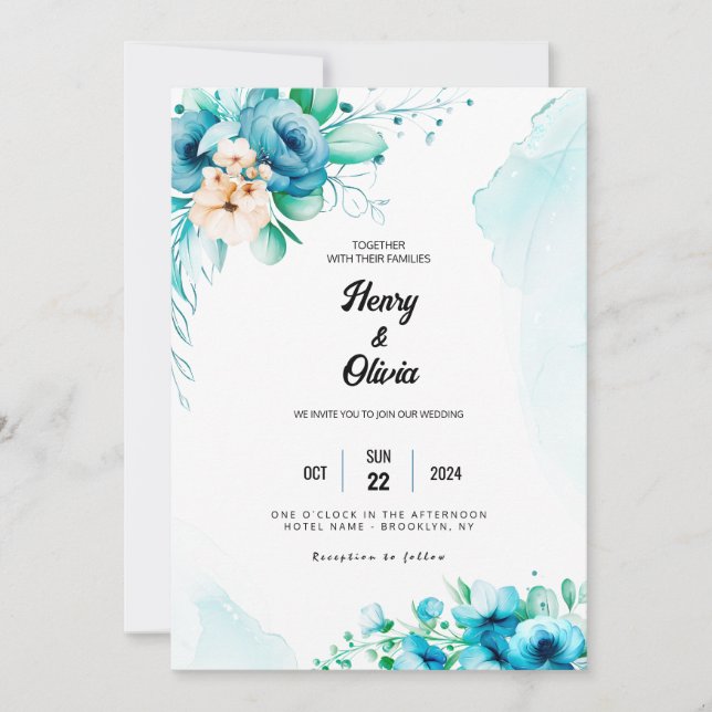 Invitation Sérénade en bleu : Mariage floral aquarelle (Devant)