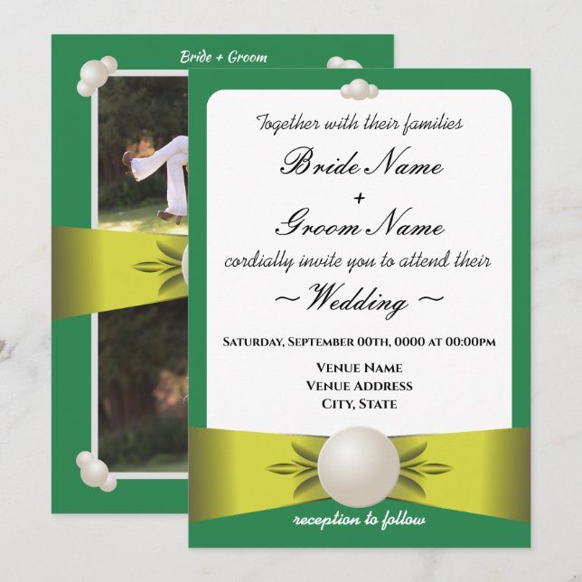 Invitation Serene Emerald & Yellow Pearl Ribbon Mariage photo (Devant / Derrière)