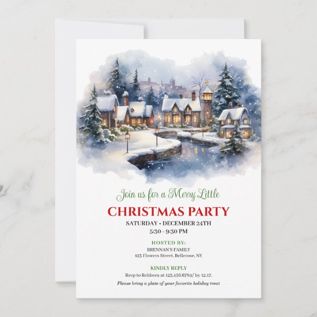 Invitation Serene watercolor Christmas scene festive city   (Devant)