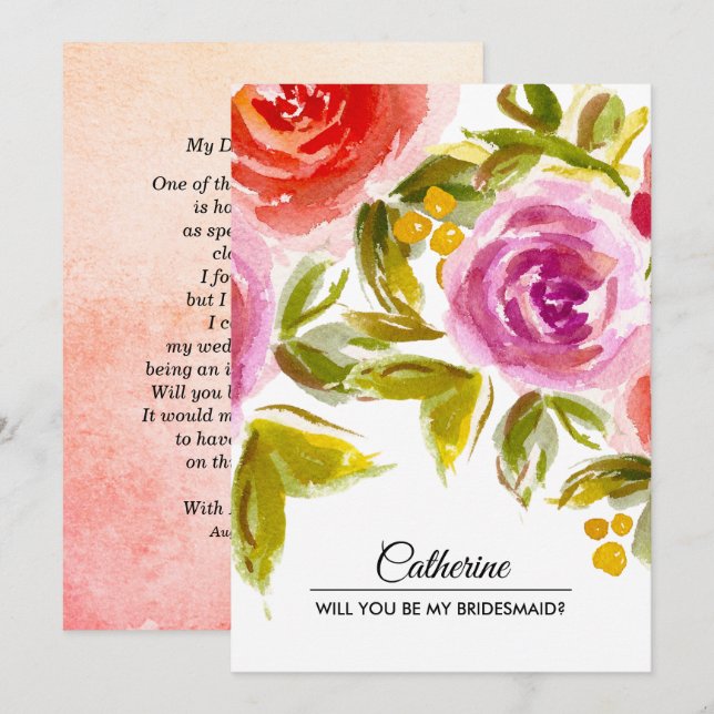 Invitation Serez-vous ma demoiselle d'honneur ? Aquarelle Flo (Devant / Derrière)