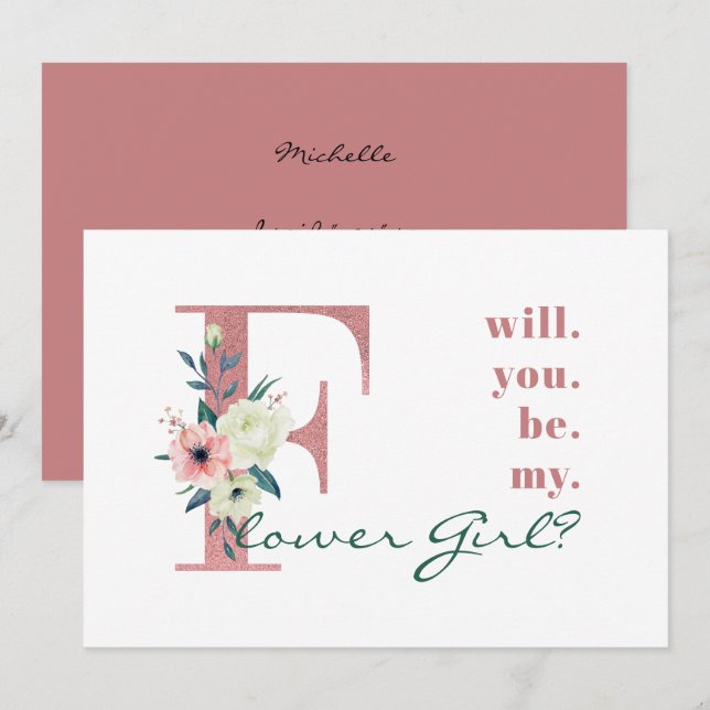 Invitation Serez-vous ma Demoiselle Fleur Lettre Florale Rose (Devant / Derrière)