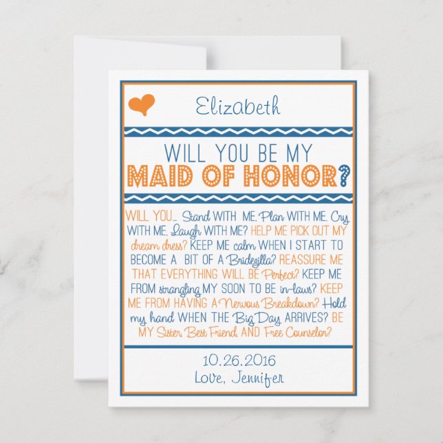 Invitation Serez-vous ma femme d'honneur ? Poème Navy/Orange (Devant)