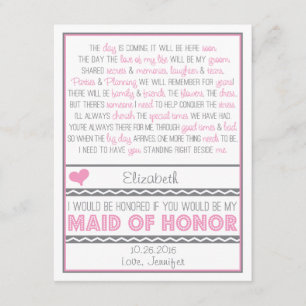 Invitation Serez-vous ma femme d'honneur ? Poème rose/gris V2