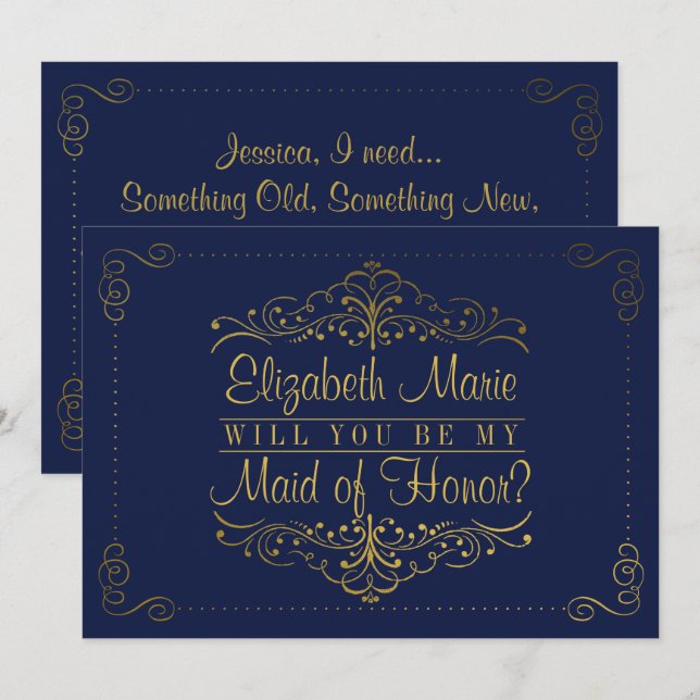 Invitation Serez-Vous Ma Fille D'Honneur ? Marine et Or Ornat (Devant / Derrière)