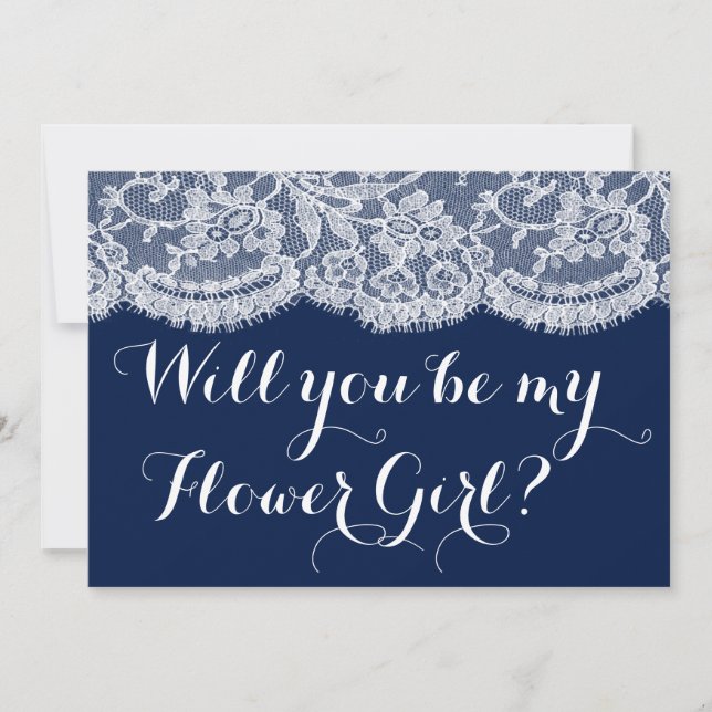 Invitation Serez-Vous Ma Fille Fleur ? Dentelle bleu et blanc (Devant)