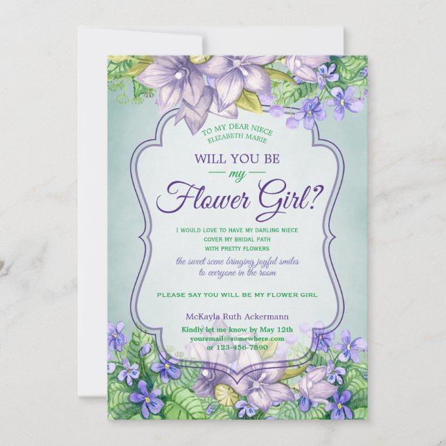 Invitation Serez-Vous Ma Fille Fleur Mariage Mariage Violets (Devant)