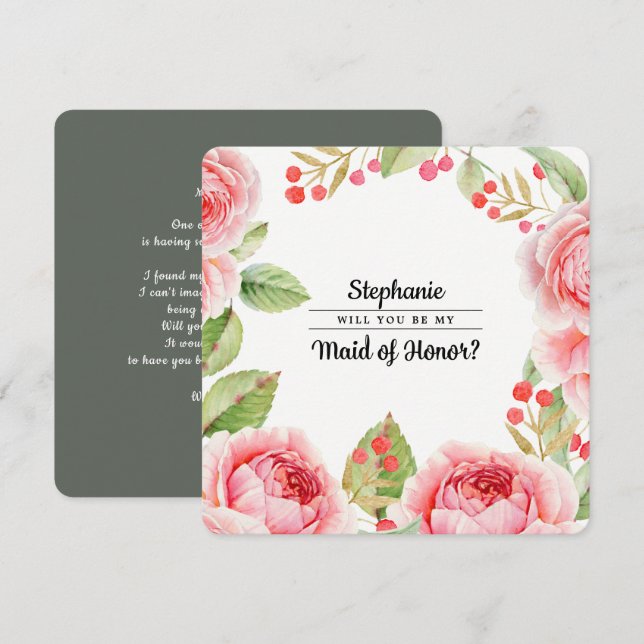 Invitation Serez-vous ma servante d'honneur ? Aquarelle Flora (Devant / Derrière)