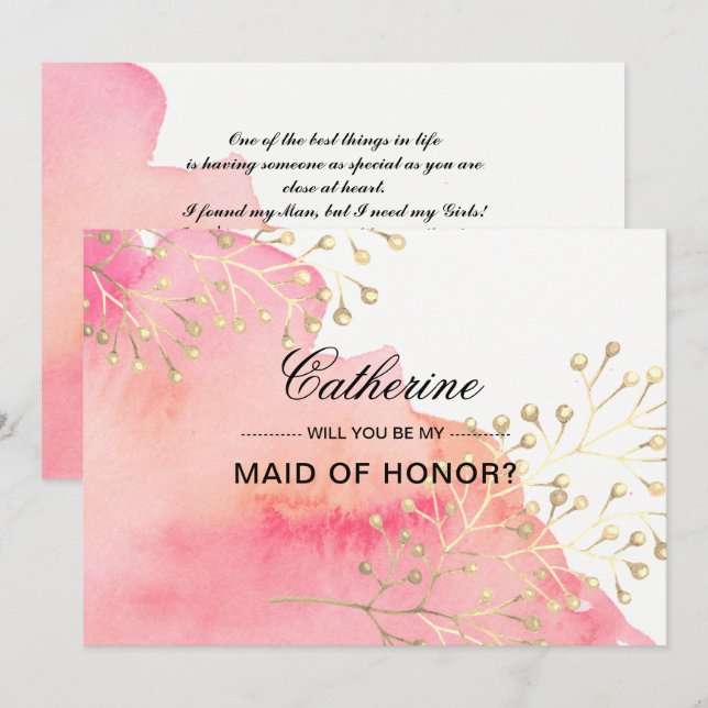 Invitation Serez-vous ma servante d'honneur ? Aquarelle rose (Devant / Derrière)