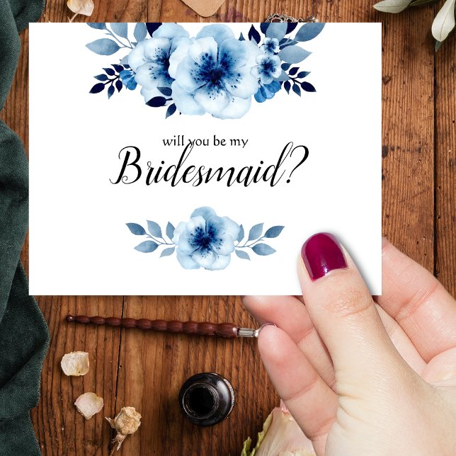 Invitation Serez-vous ma servante d'honneur Blue Floral Water (Dusty Blue Bridesmaid!)