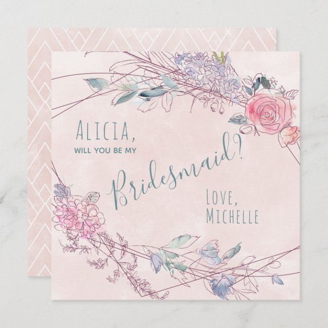 Invitation Serez-vous mes roses d'aquarelle blush (Devant / Derrière)