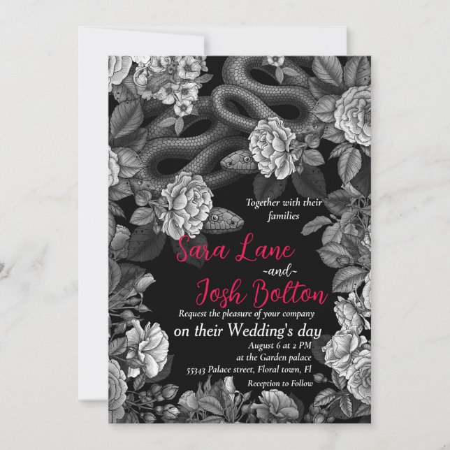Invitation Serpents et roses, monochrome sur noir (Devant)
