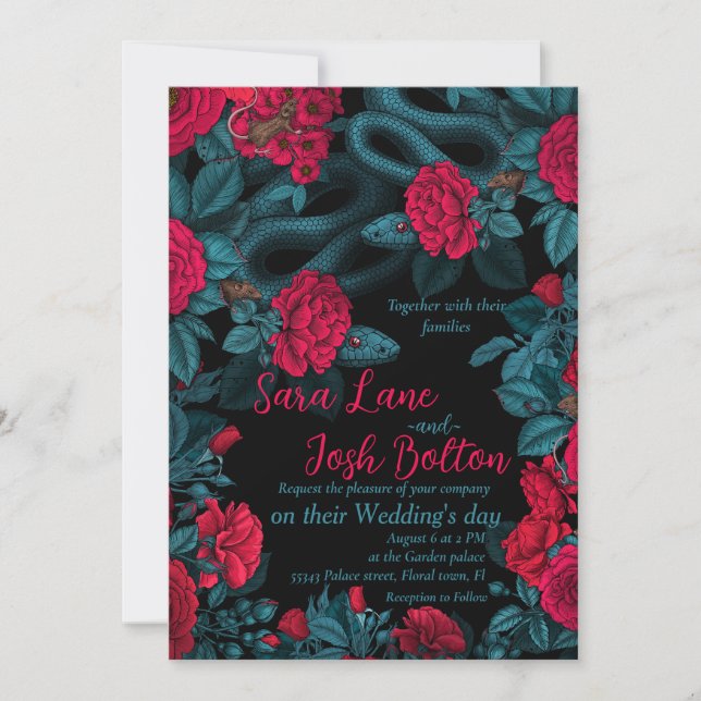 Invitation Serpents et roses rouges sur le noir (Devant)