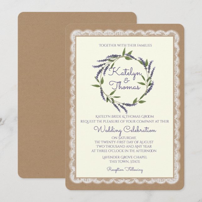 Invitation Serre de lavande rustique et Mariage de dentelle (Devant / Derrière)