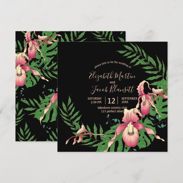 Invitation Serre d'orchidée rose Lady sur Mariage noir (Devant / Derrière)