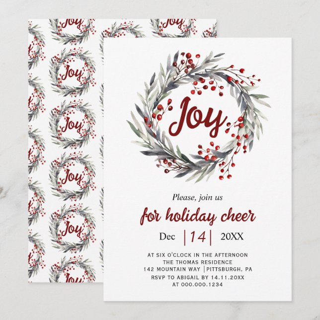 Invitation Serres, baies rouges et feuilles Fête de Noël de l (Devant / Derrière)