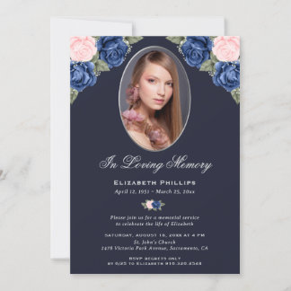 Invitation Service commémoratif de la photo florale bleue