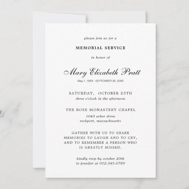 Invitation Service commémoratif Noir Blanc Élégant funéraille (Devant)