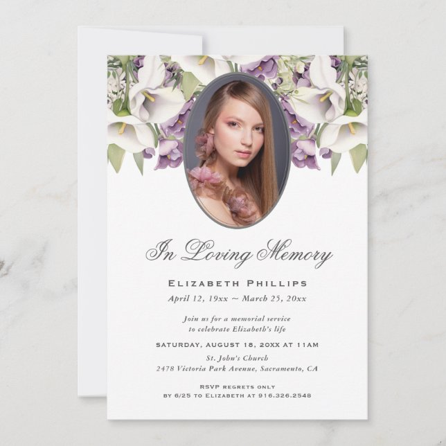 Invitation Service de Mémorial photo de Calla Lilies blanc vi (Devant)