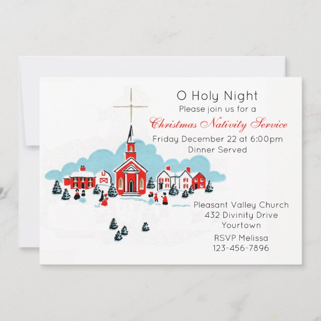 Invitation Service de Noël avec une scène d'église d'hiver (Devant)